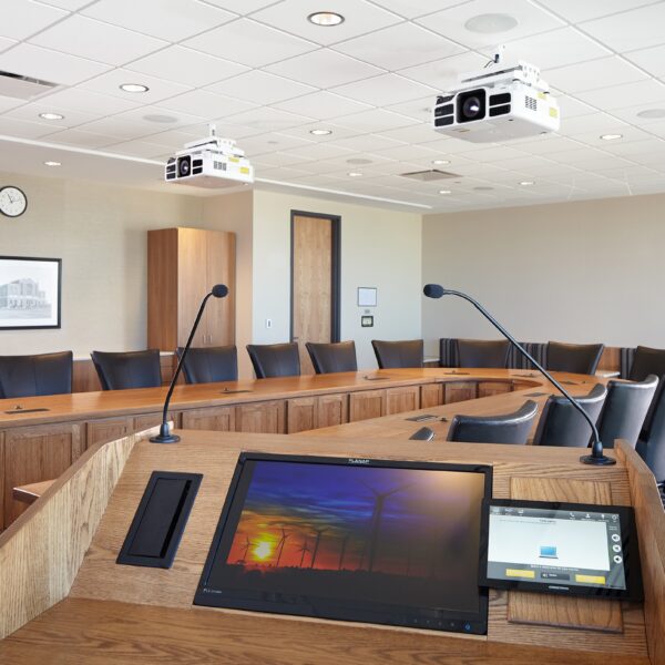 executive board room view with lectern in the foreground
