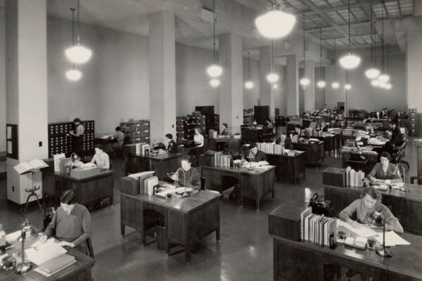 open floor plan of desks in the 1937 general services administration office