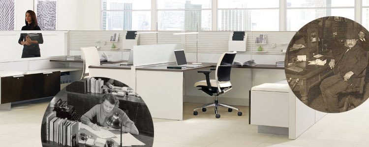 a modern office picture overlayed with office photos from the 20th century