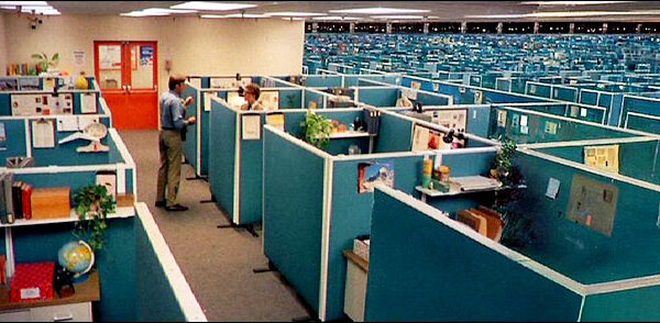 a seemingly endless collection of cubicles is seen from the 1982 movie Tron