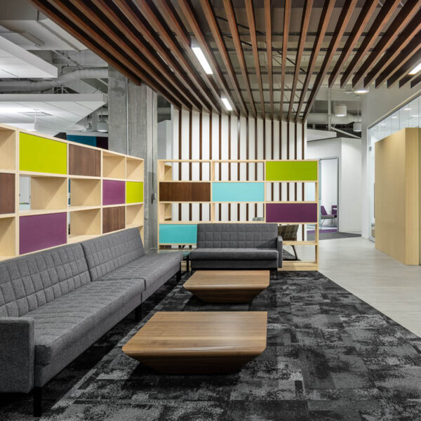 a lounge area with colorful bookshelves, sofas and coffee tables