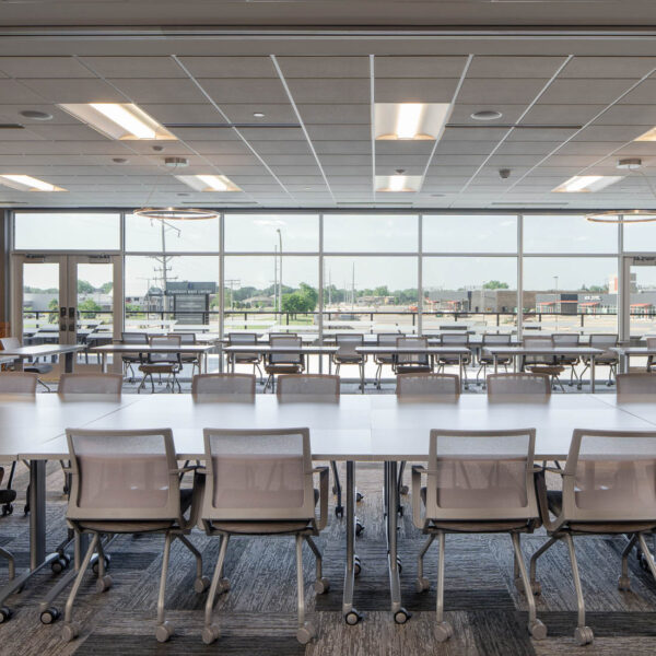 training room with mobile tables and chairs that can be reconfigured