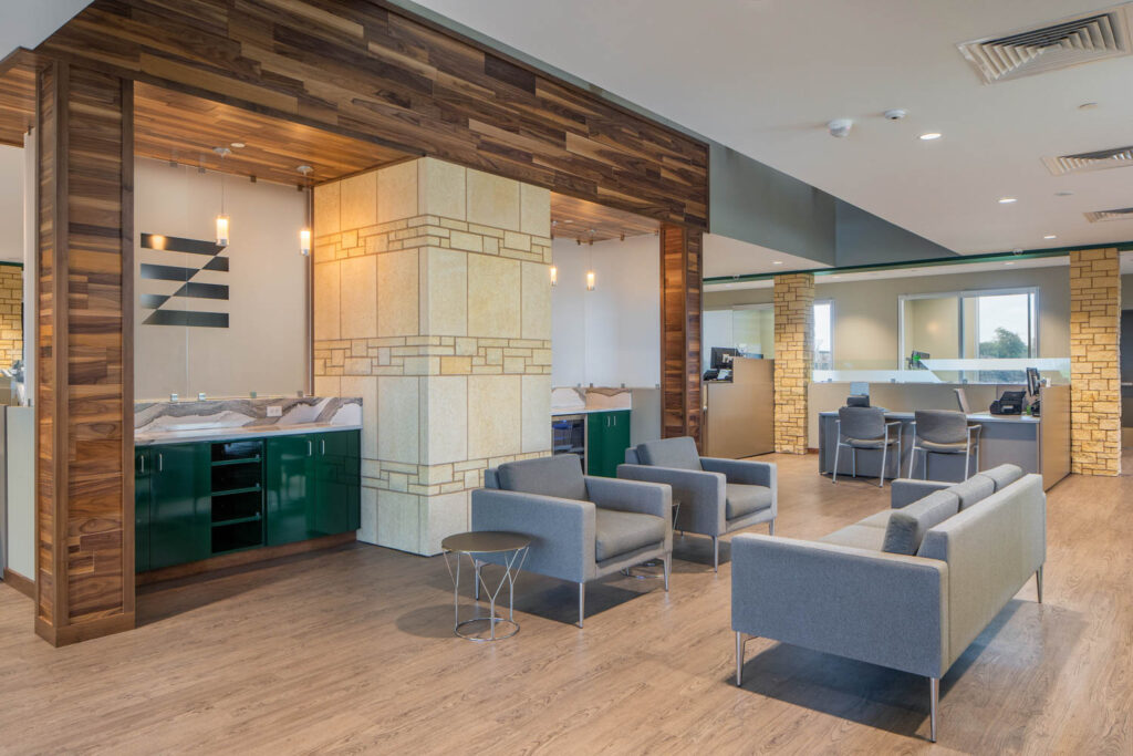 wide view of lobby with lounge seating and side tables