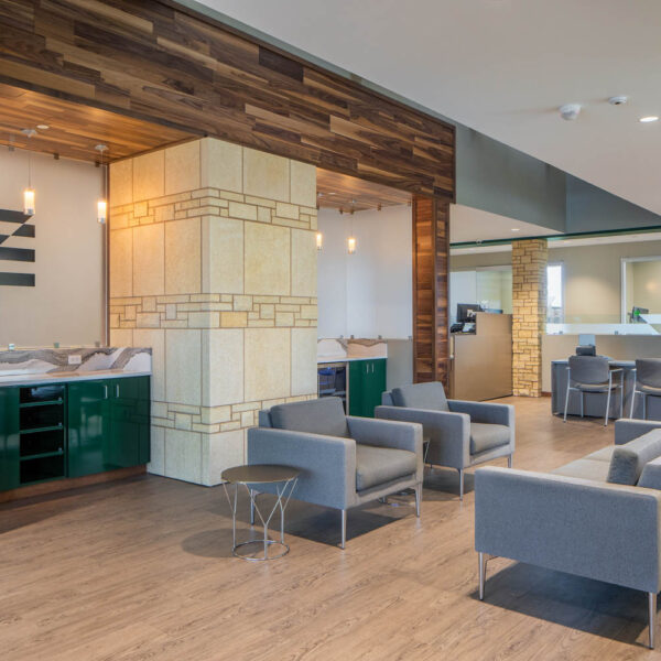 wide view of lobby with lounge seating and side tables