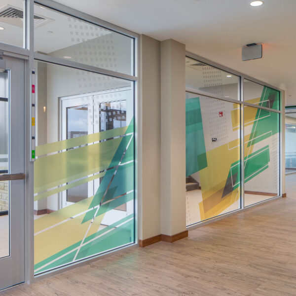 Teknion Optos wall systems with bold colorful graphic applied to the glass