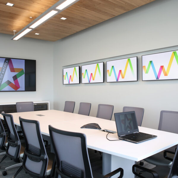 plug and play conference room with main tv and 4tvs along a long wall for dynamic av experiences