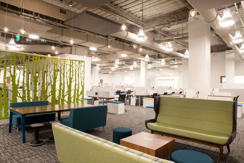 Open office layout with green privacy screen, collaborative lounge furniture, and height-adjustable workstations designed for flexible work at the YMCA corporate space